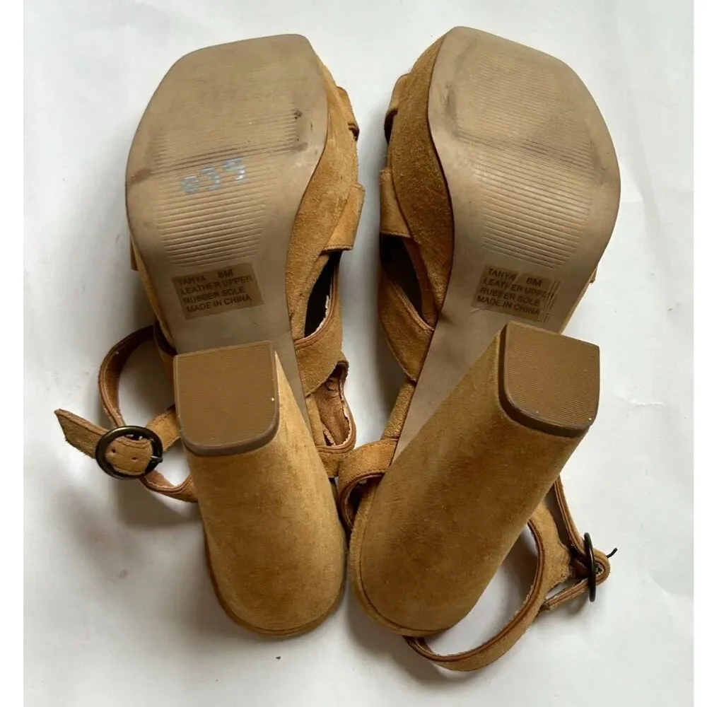 Zodiac USA ‘Tanya’ Tan Suede Platform Chunky Heels Sandals - Size 8